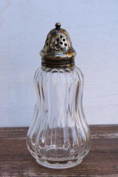 catalog photo of vintage England muffineer, large glass sugar shaker w/ silver plated lid