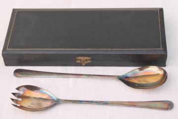 catalog photo of vintage English Sheffield silver plate salad servers spoon & fork in original box 