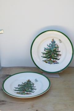 catalog photo of vintage English Spode china Christmas tree pattern dinner plates old backstamp