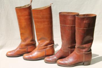 catalog photo of vintage English & French label leather riding boots for photo prop / display