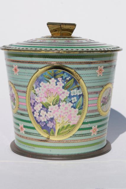 photo of vintage English biscuit jar or tea tin, pretty pastel violets & garden phlox flowers #1