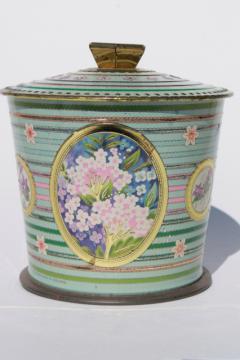 catalog photo of vintage English biscuit jar or tea tin, pretty pastel violets & garden phlox flowers