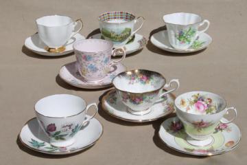 catalog photo of vintage English bone china cups & saucers, lovely flowered teacups