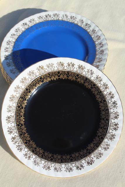 photo of vintage English bone china plates, blue green grey aqua cool color palette #6