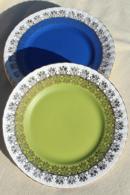 photo of vintage English bone china plates, blue green grey aqua cool color palette #7