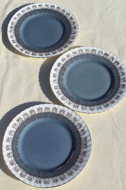 photo of vintage English bone china plates, blue green grey aqua cool color palette #10
