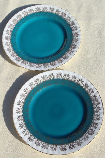 photo of vintage English bone china plates, blue green grey aqua cool color palette #11