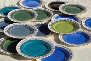 catalog photo of vintage English bone china plates, blue green grey aqua cool color palette