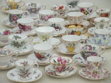 catalog photo of vintage English bone china tea cup & saucer collection, Royal Albert etc.