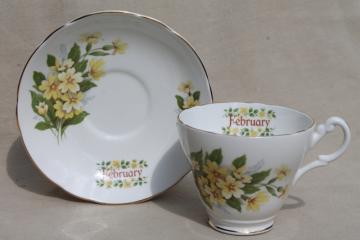 catalog photo of vintage English bone china tea cup & saucer for February birthday Primrose flower