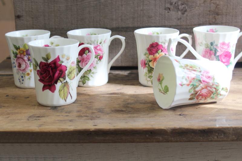 photo of vintage English bone china tea mugs or coffee cups, six different roses florals #1