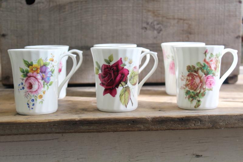 photo of vintage English bone china tea mugs or coffee cups, six different roses florals #2