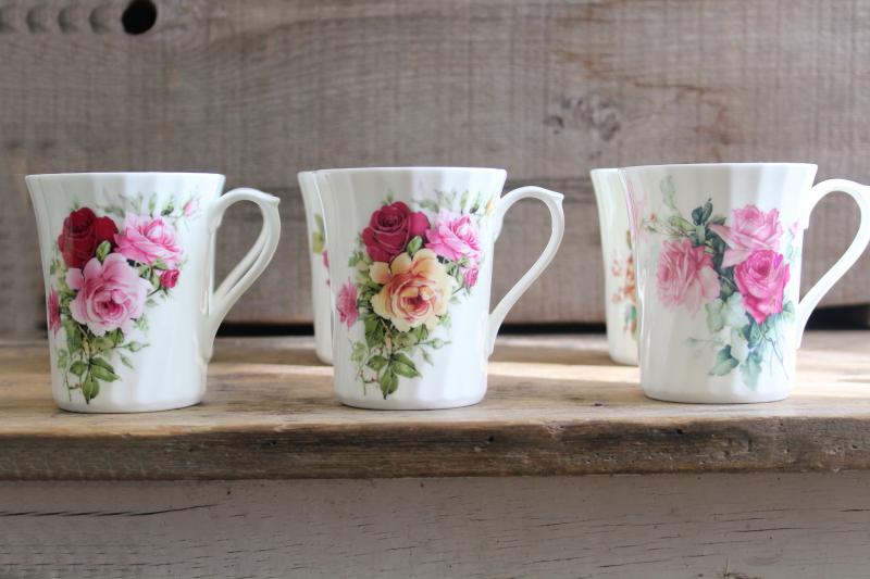 photo of vintage English bone china tea mugs or coffee cups, six different roses florals #3