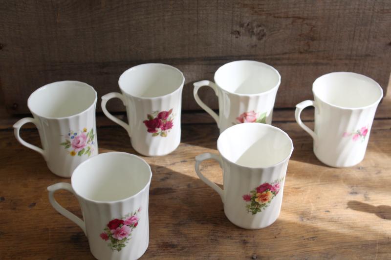 photo of vintage English bone china tea mugs or coffee cups, six different roses florals #5