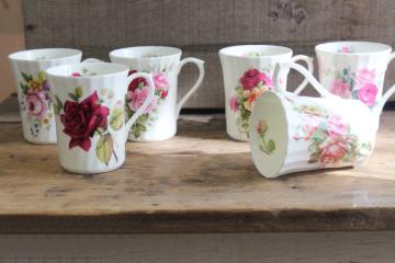 catalog photo of vintage English bone china tea mugs or coffee cups, six different roses florals