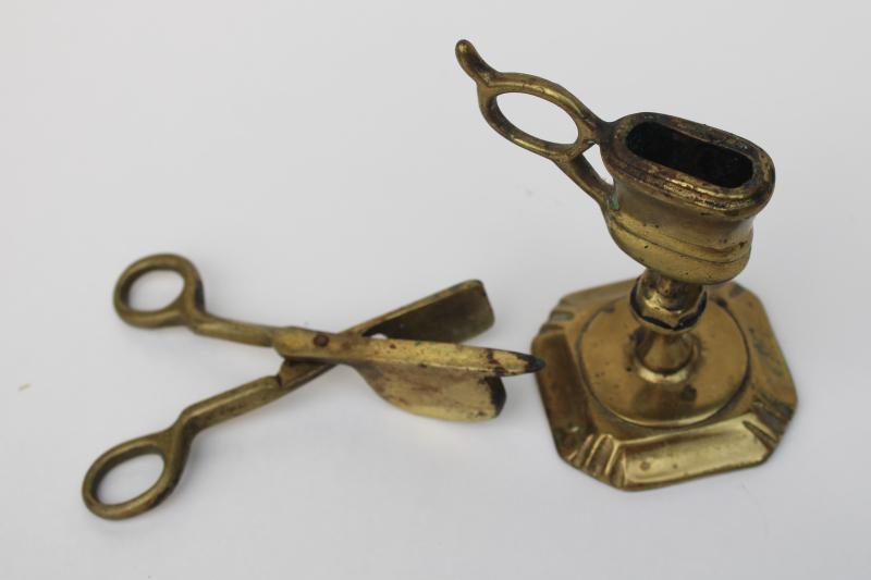 photo of vintage English brass candle snuffer, antique reproduction scissors snuffer w/ stand #4