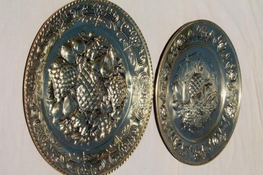 photo of vintage English brass charger plates w/ fruit, hand-wrought solid brass marked England #1