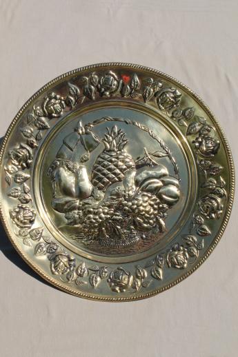 photo of vintage English brass charger plates w/ fruit, hand-wrought solid brass marked England #3