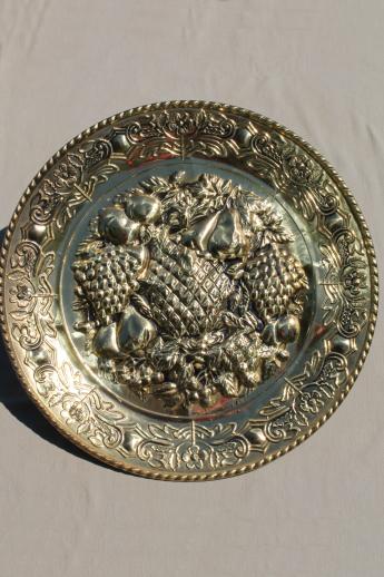 photo of vintage English brass charger plates w/ fruit, hand-wrought solid brass marked England #4