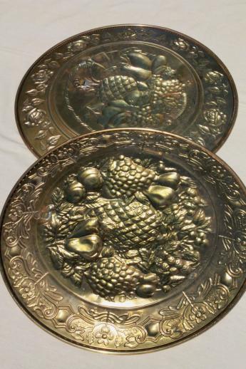 photo of vintage English brass charger plates w/ fruit, hand-wrought solid brass marked England #6