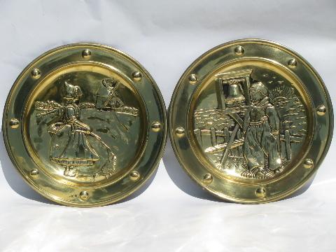 photo of vintage English brass chargers, wall pocket plates w/ Dutch windmills #1