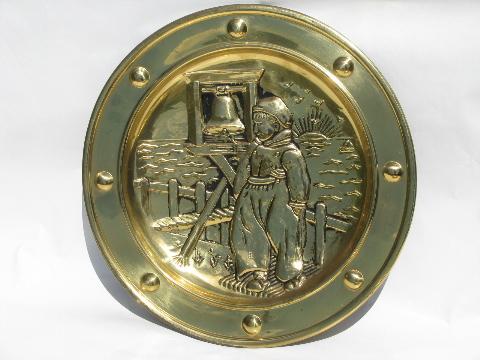 photo of vintage English brass chargers, wall pocket plates w/ Dutch windmills #2