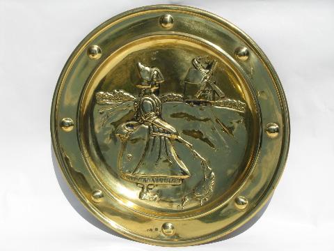 photo of vintage English brass chargers, wall pocket plates w/ Dutch windmills #3