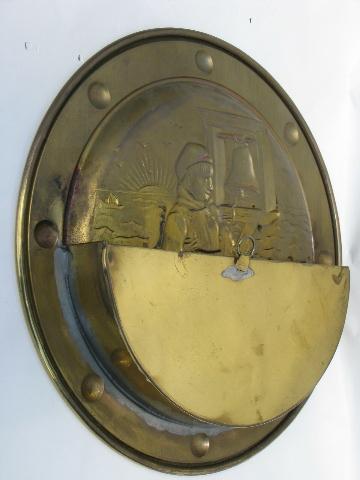 photo of vintage English brass chargers, wall pocket plates w/ Dutch windmills #5