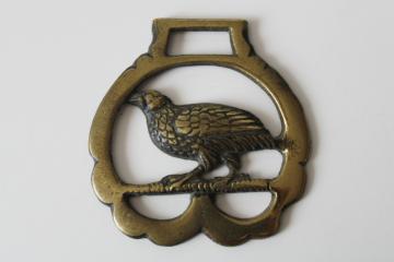 catalog photo of vintage English brass horse harness medallion, raven or vulture bird ornament 