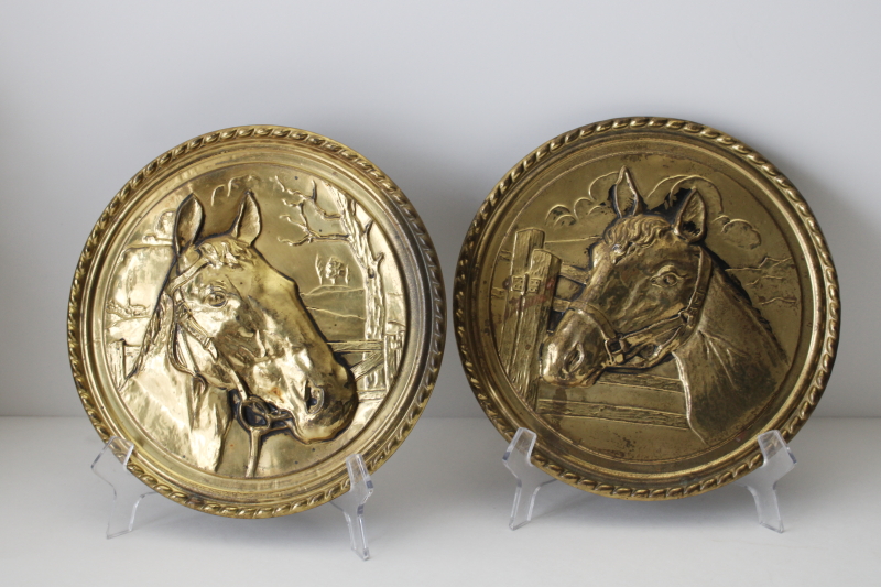 photo of vintage English brass plaques, country equestrian decor pair of horses wall art, Ralph Lauren aesthetic  #1