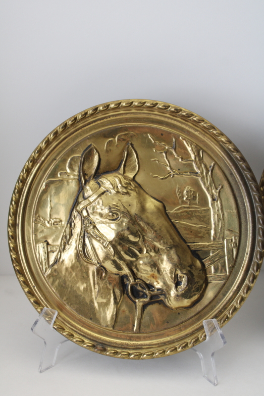photo of vintage English brass plaques, country equestrian decor pair of horses wall art, Ralph Lauren aesthetic #2