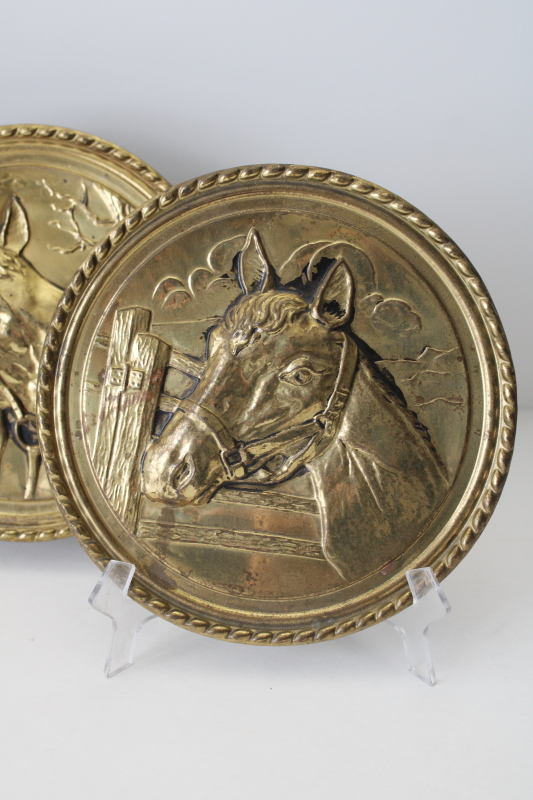 photo of vintage English brass plaques, country equestrian decor pair of horses wall art, Ralph Lauren aesthetic #3