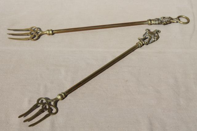 photo of vintage English brass toasting forks, long handled forks w/ character handles #1