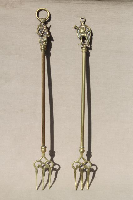 photo of vintage English brass toasting forks, long handled forks w/ character handles #2