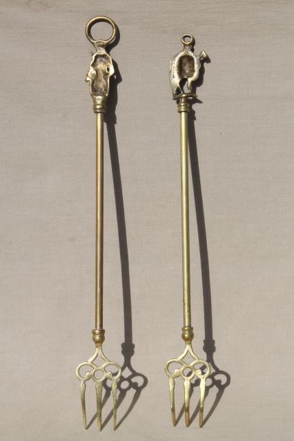 photo of vintage English brass toasting forks, long handled forks w/ character handles #3