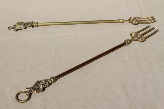 photo of vintage English brass toasting forks, long handled forks w/ character handles #8