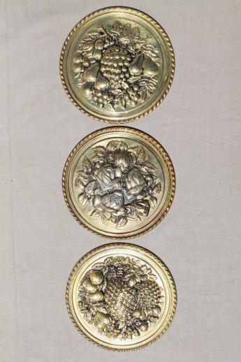 photo of vintage English brass wall art rounds, fruit & flowers for your kitchen #1