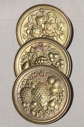 photo of vintage English brass wall art rounds, fruit & flowers for your kitchen #4