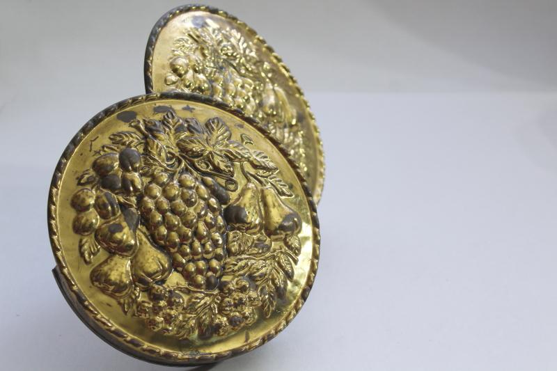 photo of vintage English brass wall pockets, round hammered brass plaques w/ fruit design #1