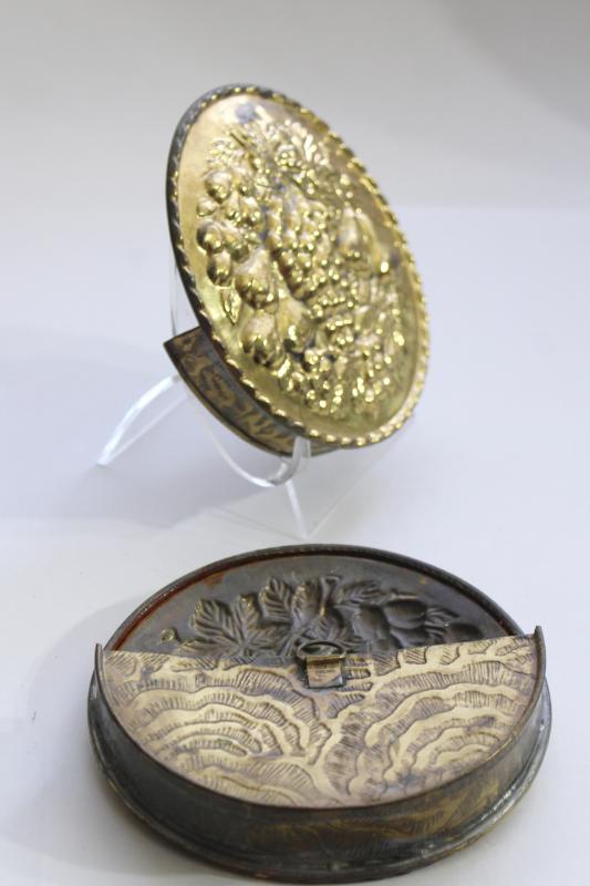 photo of vintage English brass wall pockets, round hammered brass plaques w/ fruit design #2