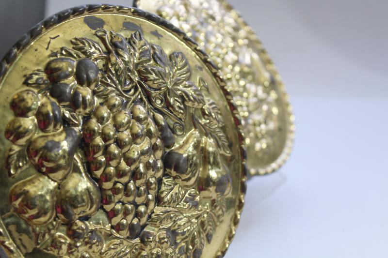 photo of vintage English brass wall pockets, round hammered brass plaques w/ fruit design #6