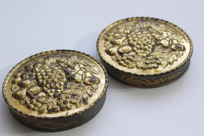 photo of vintage English brass wall pockets, round hammered brass plaques w/ fruit design #7