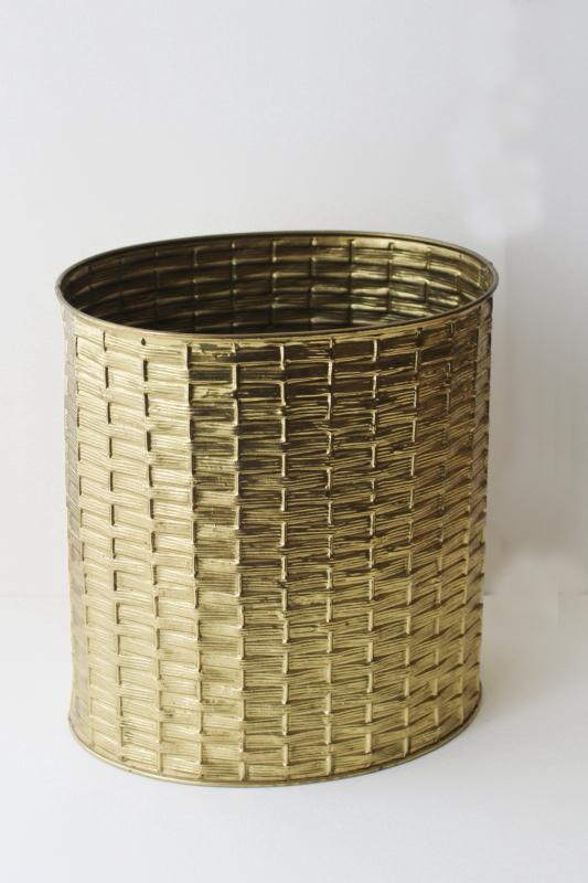 photo of vintage English brass wastebasket, basket weave texture wrought brass England #1