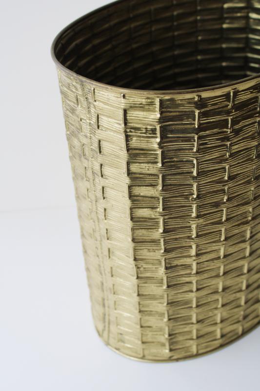 photo of vintage English brass wastebasket, basket weave texture wrought brass England #2