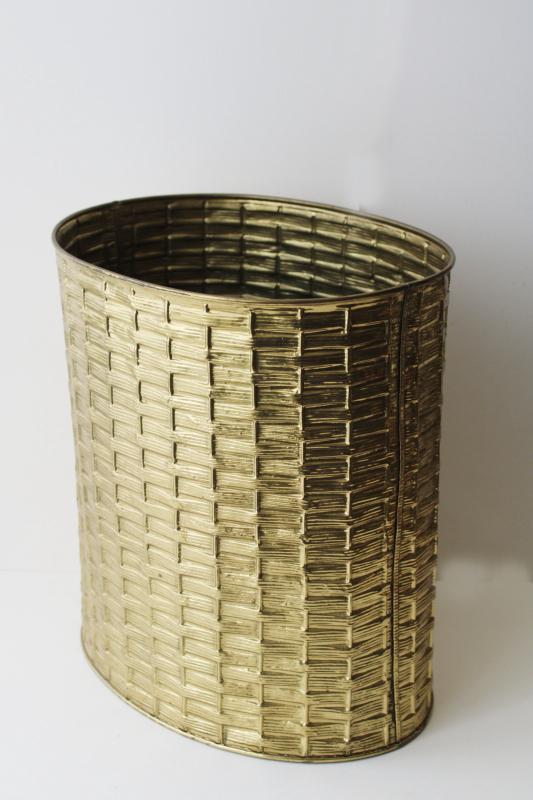 photo of vintage English brass wastebasket, basket weave texture wrought brass England #8