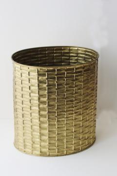 catalog photo of vintage English brass wastebasket, basket weave texture wrought brass England