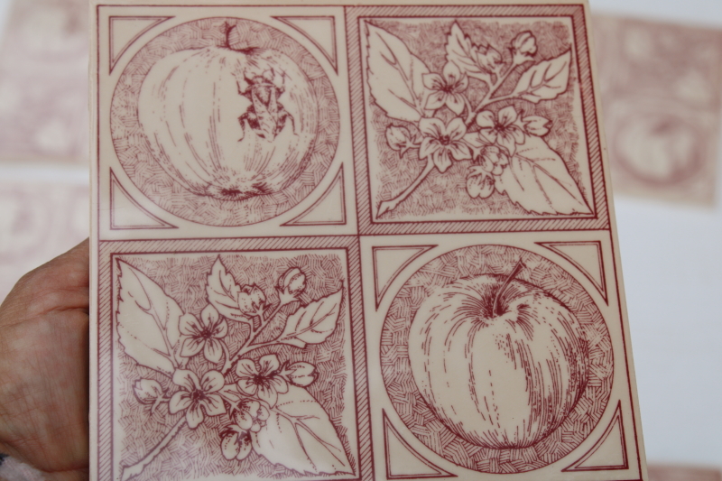 photo of vintage English ceramic tiles, 1980s reproduction antique tile design apple & blossom red & white #4