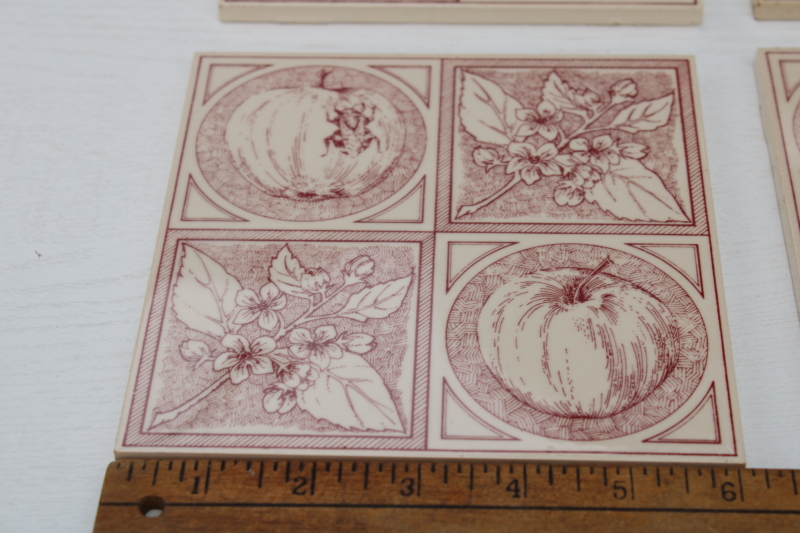 photo of vintage English ceramic tiles, 1980s reproduction antique tile design apple & blossom red & white #9