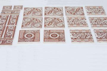 catalog photo of vintage English ceramic tiles, antique reproduction William Morris style designs brown & white