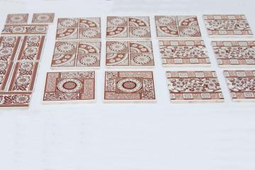 vintage English ceramic tiles, antique reproduction William Morris style designs brown & white